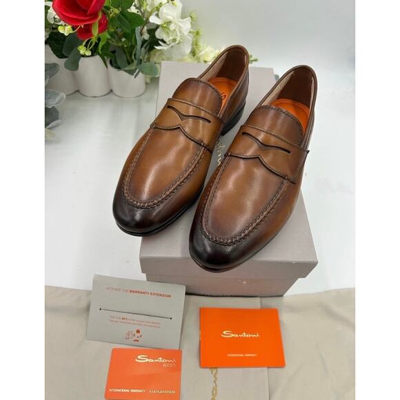 Men\'s Santoni Carlo soft furnished Leather penny loafers size 8 US made in Italy